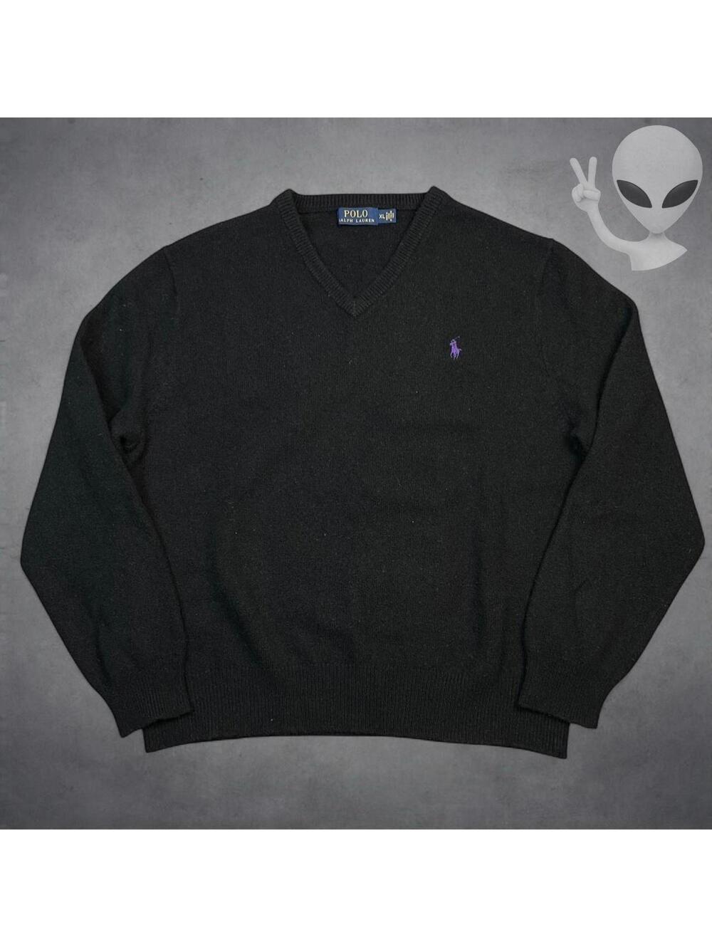 Polo Ralph Lauren V-Neck Sweater Mens XL Charcoal Black Wool Purple Pony